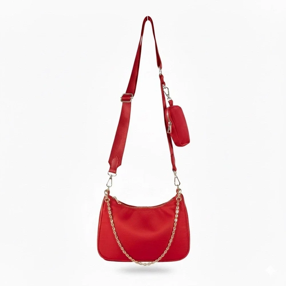 Guess Eco Brenton Solid Nylon Crossbody Bag Red Utility Chain Strap Pouch OS